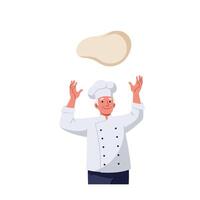 A cheerful chef tossing pizza dough in the air, showcasing his culinary skills in a flat illustration filled with vibrant colors and dynamic motion in the kitchen scene art vector