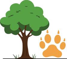 A green tree standing beside an orange paw print in a minimal and playful design style illustration vector