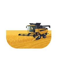 A bright yellow combine harvester in a golden wheat field showcasing flat design art vector