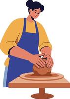 A woman shaping clay on a pottery wheel in a bright studio, showcasing a flat design style, illustrating creativity and focus in art vector