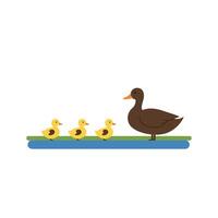 A mother duck leading three fluffy ducklings in a colorful flat design illustration showcasing a serene pond setting with a playful and joyful atmosphere vector