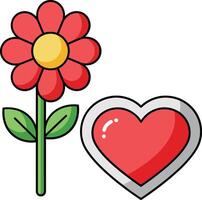 Bright red flower with a yellow center beside a glossy heart, minimal flat design, conveying love and nature in vibrant art vector