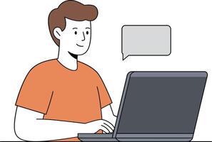 A young man working on a laptop in a minimal design style, conveying focus and creativity, engaging in digital communication in art vector
