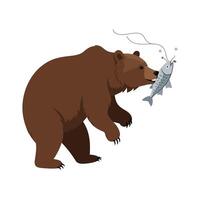 Brown bear catching a fish in a river, showcasing a minimal design style, featuring natural colors and textures, art vector