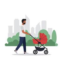 A man walking with a red stroller through a city park in a flat illustration showcasing urban life and family moments vector