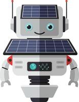 Friendly robot character with solar panels and expressive eyes in a flat design illustration vector