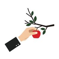 Hand reaching for a red apple on a branch in a minimalist design style illustration vector