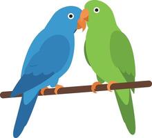 Colorful blue and green parakeets perched closely on a branch in a minimal illustration vector