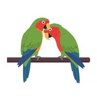 Two colorful lovebirds perched closely together on a branch, illustrated in a flat design style, showcasing affection in vibrant art vector