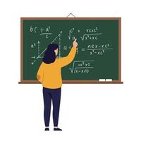 Teacher explaining mathematical equations on a green chalkboard, showcasing flat design style, in a classroom setting, creating an engaging educational atmosphere, illustration vector