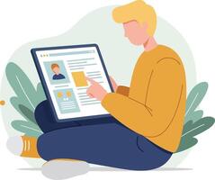 A young man sitting on the floor with a tablet, engaged in digital work while surrounded by green plants in a flat illustration vector
