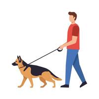 A man walking a German Shepherd dog on a leash in a flat, minimal design style illustration vector