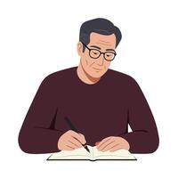 Thoughtful elderly man wearing glasses writing in a notebook with a black pen in a minimal illustration vector