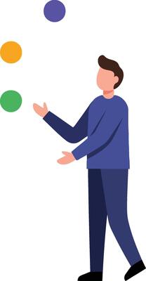 A young man in a blue shirt juggling colorful balls in a playful and energetic flat illustration