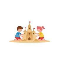 Two children building a sandcastle together on a sunny beach in flat art style depicting joy and creativity vector