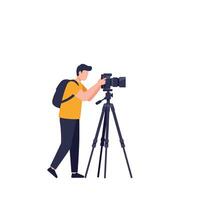 A photographer setting up a camera on a tripod in a minimal flat illustration style, capturing the essence of creativity and focus in art vector