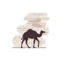 A solitary camel walking through a serene desert landscape with minimalistic design elements in soothing tones, showcasing flat art vector