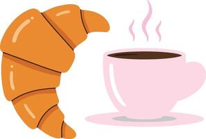 A golden croissant beside a steaming pink coffee cup in a minimalistic design style, evoking warmth and comfort, perfect for breakfast art vector