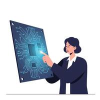 A woman interacting with a digital circuit board design in a minimal flat style showcasing technology and innovation in art vector