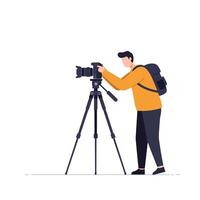 A photographer adjusting camera settings on a tripod while wearing a backpack in a flat and minimal illustration vector