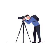 A focused photographer adjusting his camera on a tripod in a flat design illustration showcasing concentration and creativity in the art of photography art vector
