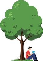 A young man reading a book under a large green tree in a serene flat illustration vector