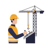 Construction worker operating a crane control panel in flat art style, showcasing focus and precision in a construction site atmosphere vector