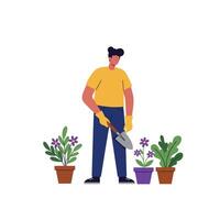 A person gardening with a trowel, wearing gloves and a yellow shirt, tending to vibrant potted plants in a flat illustration vector