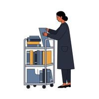 A woman organizing books on a rolling cart in a modern library setting, featuring flat design elements and a calm atmosphere in art vector