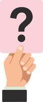 Hand holding a pink card with a question mark in a flat design style representing curiosity and inquiry in art vector