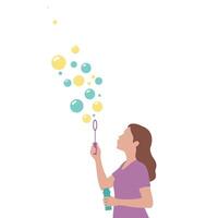 Young woman blowing colorful bubbles in a playful, minimalistic design style, capturing joy and innocence in vibrant art vector