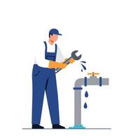 Plumber in blue overalls using a wrench to fix a leaking pipe in a flat minimal illustration vector