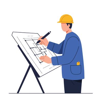 Construction worker in a hard hat sketching architectural plans in a detailed, flat illustration showcasing focus and professionalism