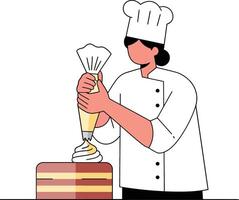 A skilled pastry chef decorating a colorful layered cake with cream in a minimal flat design art vector