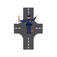 Police officer directing traffic at a busy intersection in a flat design style illustration vector