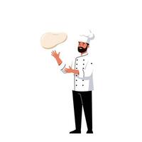 Chef tossing pizza dough in a bright kitchen, showcasing a minimal design style with a playful atmosphere, art vector