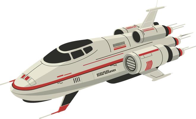Sleek futuristic spaceship design in flat style soaring through space with dynamic lines and red accents, showcasing a sense of adventure in art