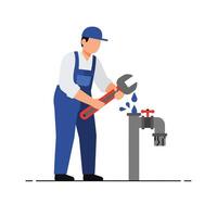 A man in blue overalls using a wrench to fix a leaking pipe in a flat art style vector