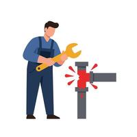 A plumber in blue overalls repairing a leaking pipe with a wrench in a flat illustration style that conveys a sense of urgency and professionalism through vibrant colors and clear lines art vector
