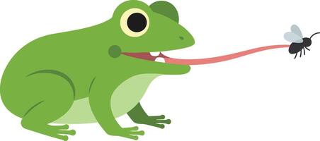 A green frog with a long tongue catching a fly in a playful and vibrant flat illustration vector