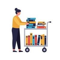 A librarian organizing colorful books on a cart in a minimal flat design illustration vector