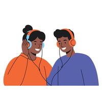 Two friends sharing headphones while enjoying music together in a flat, colorful illustration showcasing joy and connection vector