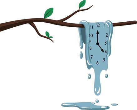 Melting clock hanging from a branch, symbolizing the fluidity of time in a minimal illustration vector