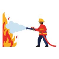 Firefighter actively extinguishing flames with a hose in a dynamic flat illustration showcasing bravery and urgency in a rescue scenario vector