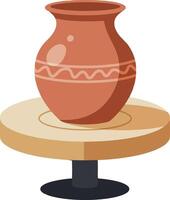 A traditional clay pot resting on a wooden pedestal in a minimal flat design style showcasing craftsmanship in art vector