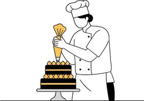 Chef skillfully decorating a multi-tiered cake with icing in a minimal style illustration vector