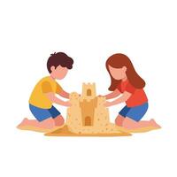 Two children building a sandcastle together on the beach in a playful, colorful flat illustration vector