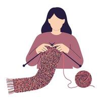 A woman knitting a colorful scarf with knitting needles in a flat and minimal design style, showcasing creativity and relaxation in art vector