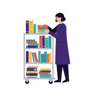 Woman organizing colorful books on a mobile cart in a flat illustration showcasing a library setting with a calm atmosphere vector