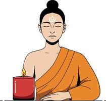 A serene monk in an orange robe meditating beside a glowing candle in a minimal illustration vector